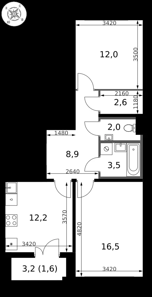 2-комнатная, 59,3 м² — 14 522 689 ₽