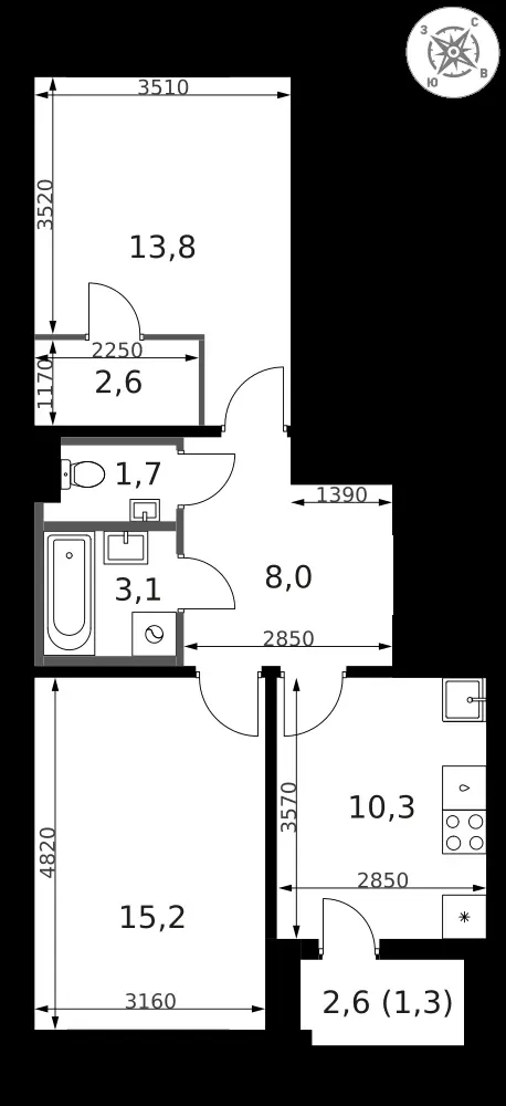 2-комнатная, 56 м² — 14 241 360 ₽