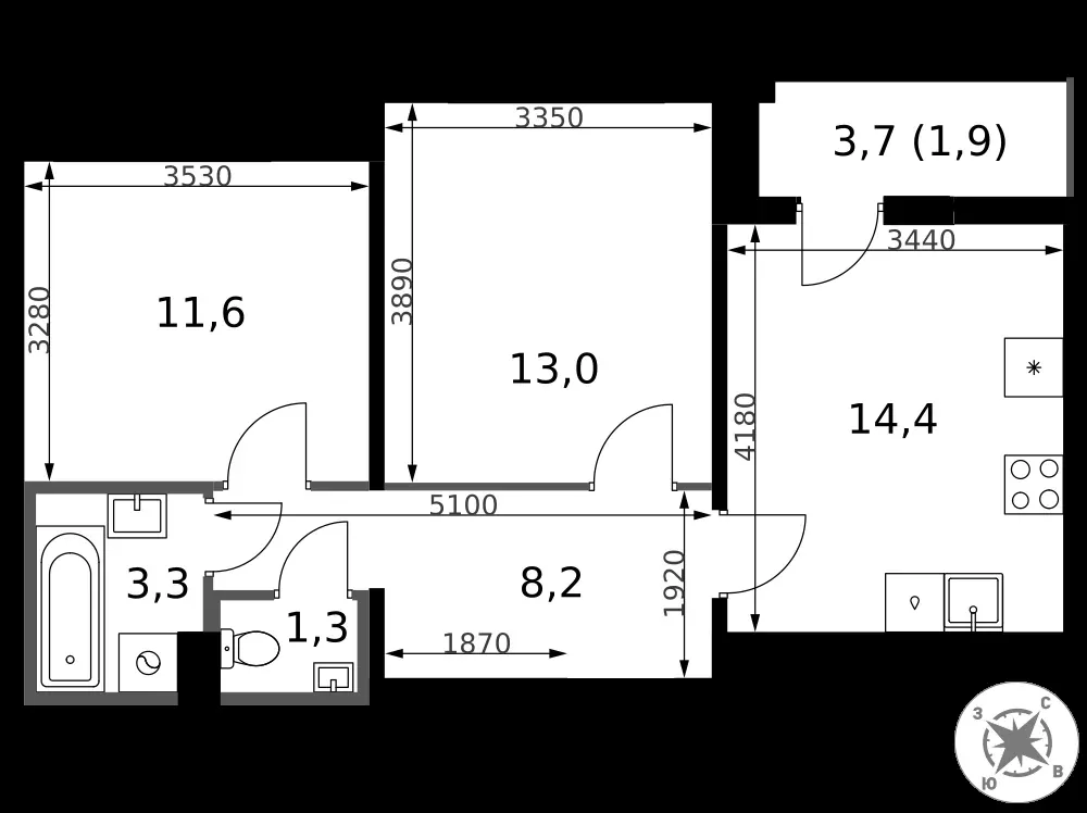 2-комнатная, 53,7 м² — 13 609 084 ₽