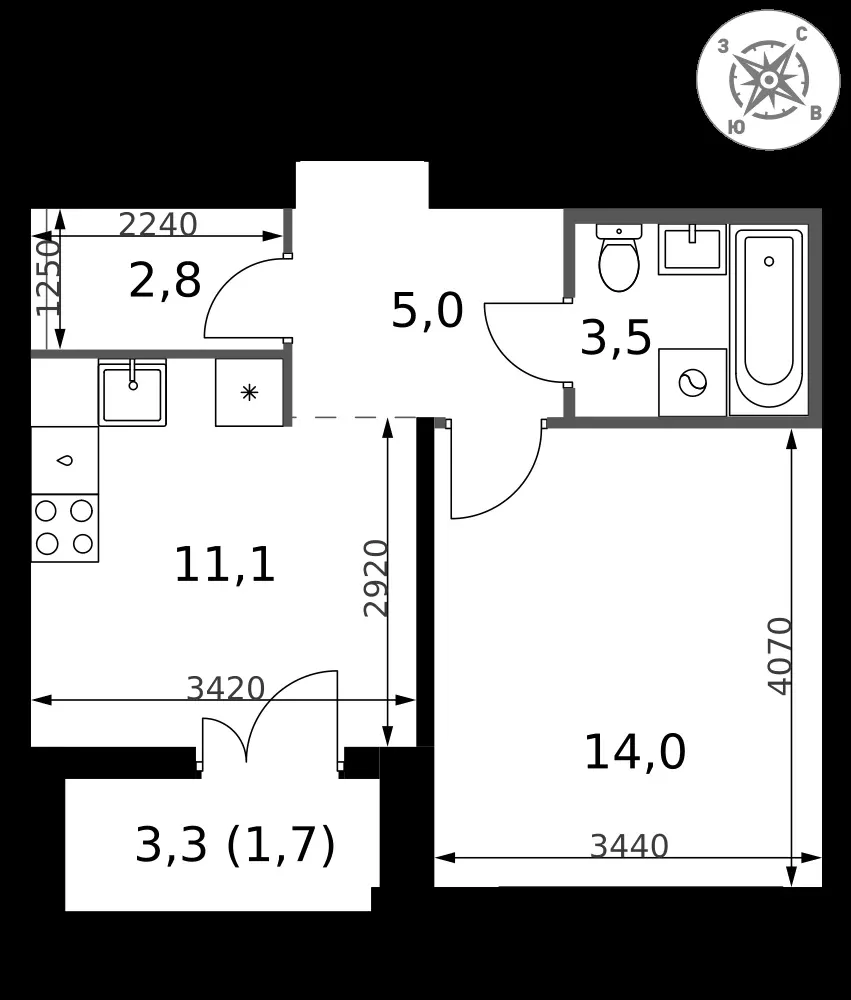 1-комнатная, 38,1 м² — 10 641 330 ₽