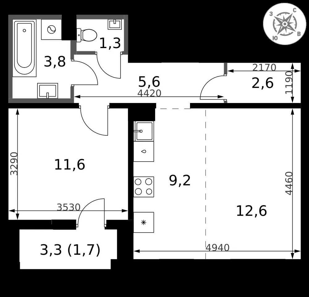 2-комнатная, 48,4 м² — 12 763 951 ₽
