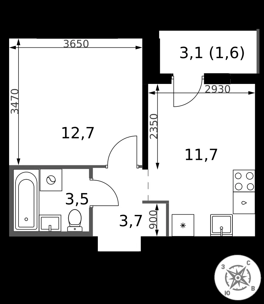 1-комнатная, 33,1 м² — 9 851 421 ₽