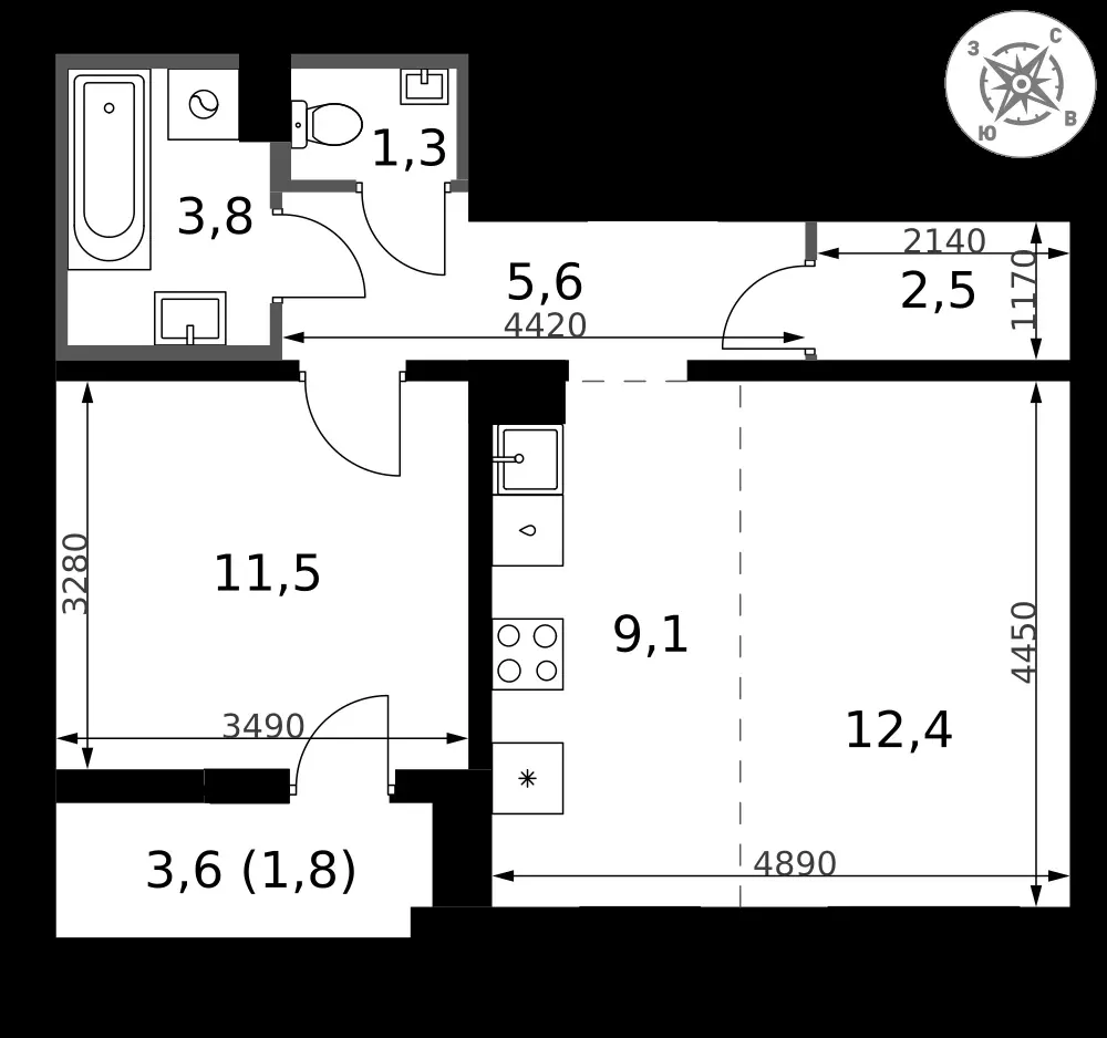 2-комнатная, 48 м² — 13 820 352 ₽