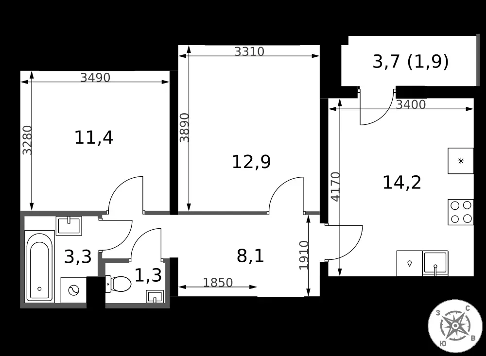 2-комнатная, 53,1 м² — 15 210 707 ₽