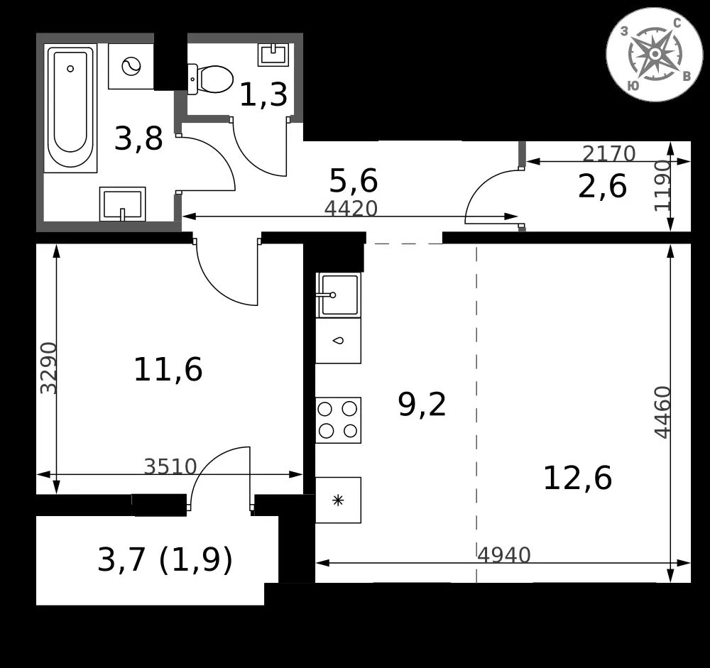 2-комнатная, 48,6 м² — 14 216 958 ₽