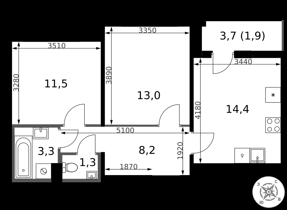 2-комнатная, 53,6 м² — 15 732 136 ₽