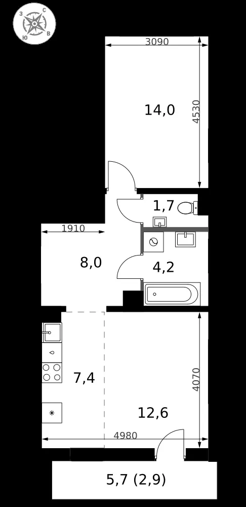 2-комнатная, 50,8 м² — 13 212 674 ₽