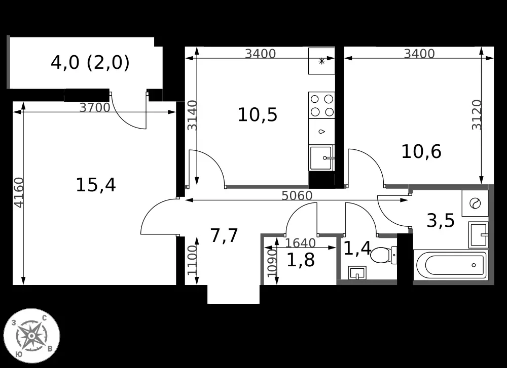 2-комнатная, 52,9 м² — 13 484 104 ₽