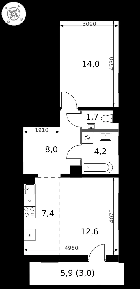2-комнатная, 50,9 м² — 13 323 482 ₽