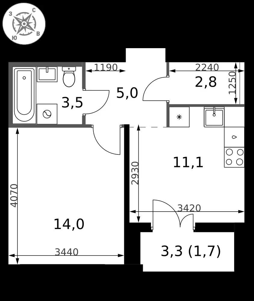 1-комнатная, 38,1 м² — 10 585 323 ₽