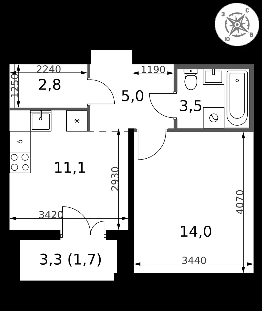 1-комнатная, 38,1 м² — 10 641 330 ₽