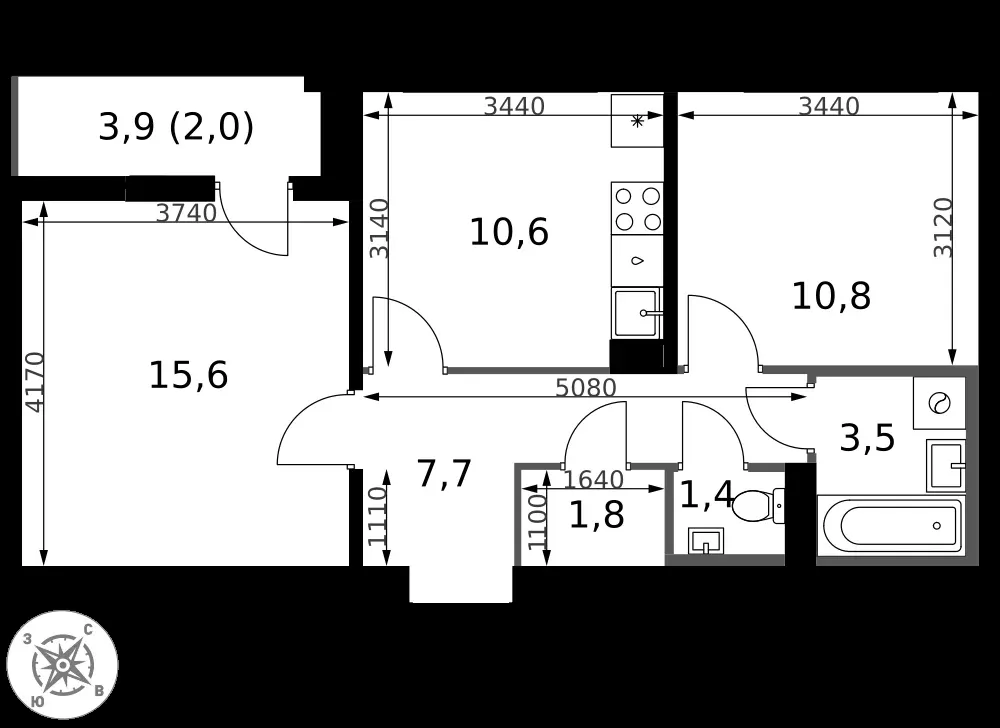 2-комнатная, 53,4 м² — 13 847 047 ₽