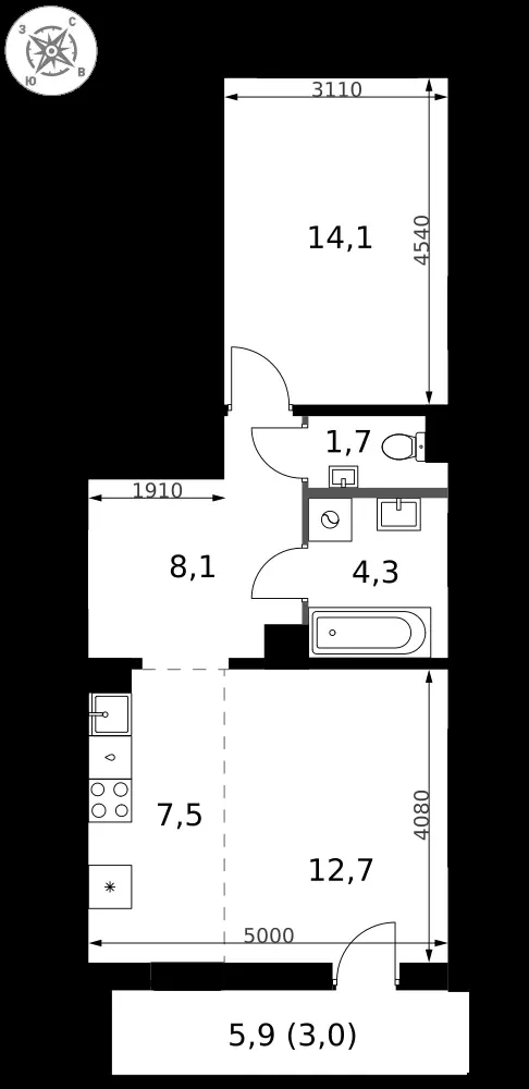 2-комнатная, 51,4 м² — 13 605 477 ₽