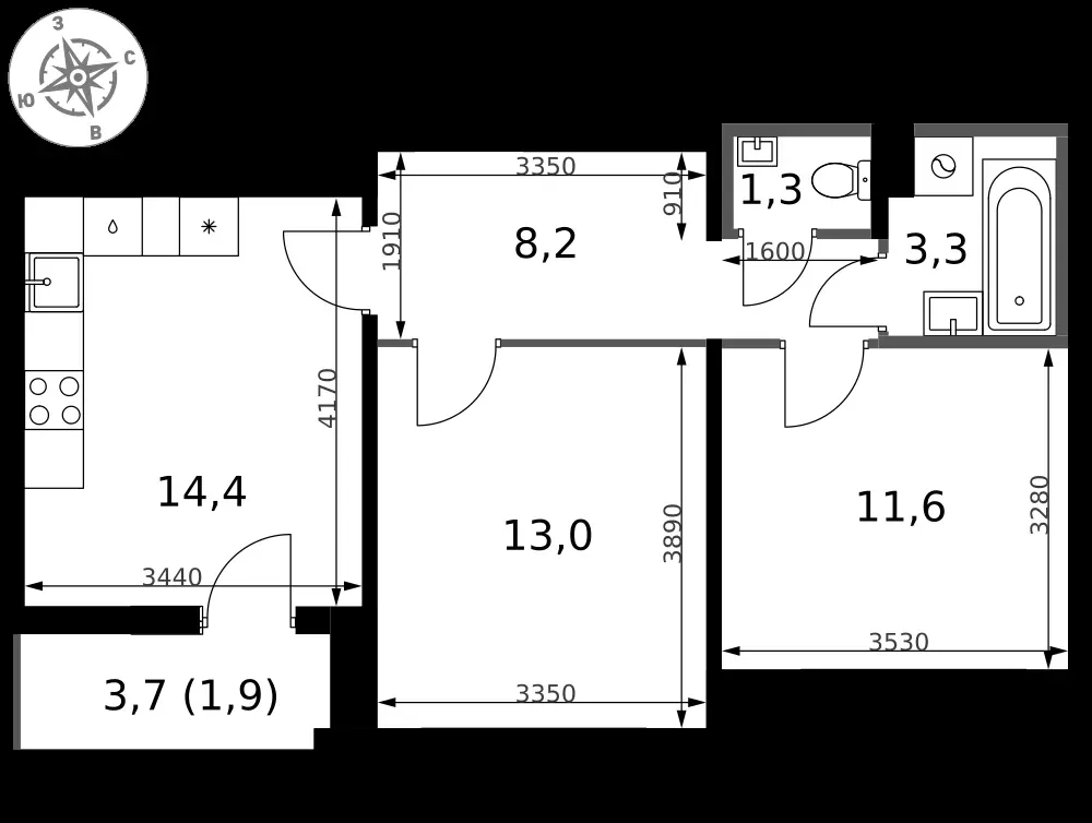 2-комнатная, 53,7 м² — 14 412 812 ₽
