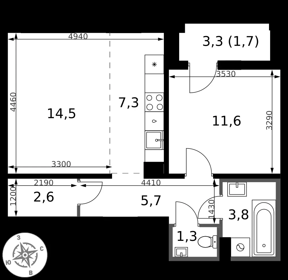 2-комнатная, 48,5 м² — 13 713 375 ₽
