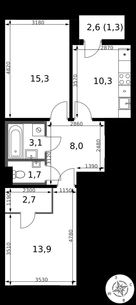 2-комнатная, 56,3 м² — 14 934 307 ₽