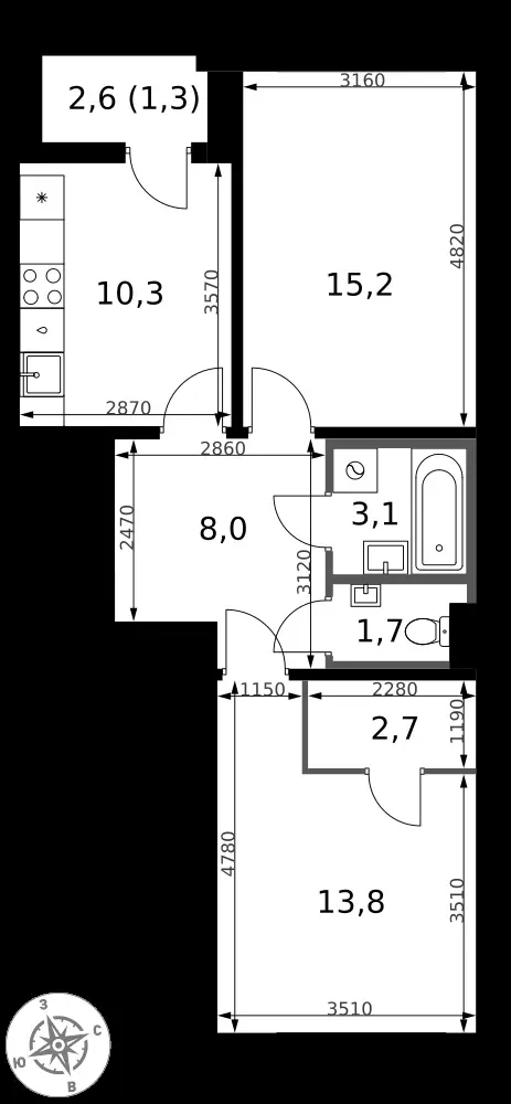 2-комнатная, 56,1 м² — 14 881 254 ₽