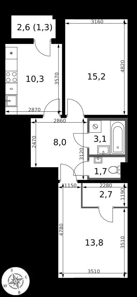 2-комнатная, 56,1 м² — 15 252 188 ₽