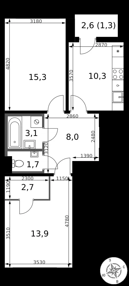 2-комнатная, 56,3 м² — 15 306 563 ₽