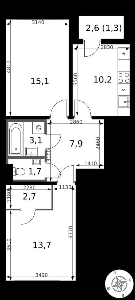 2-комнатная, 55,7 м² — 15 143 438 ₽