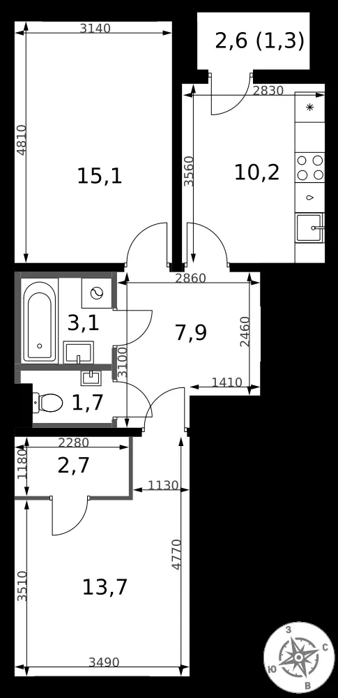 2-комнатная, 55,7 м² — 14 998 061 ₽