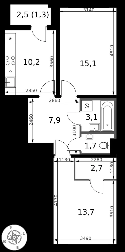 2-комнатная, 55,7 м² — 14 998 061 ₽