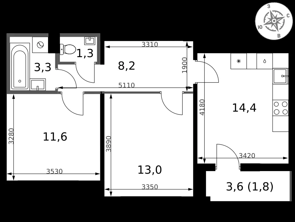 2-комнатная, 53,6 м² — 15 258 848 ₽