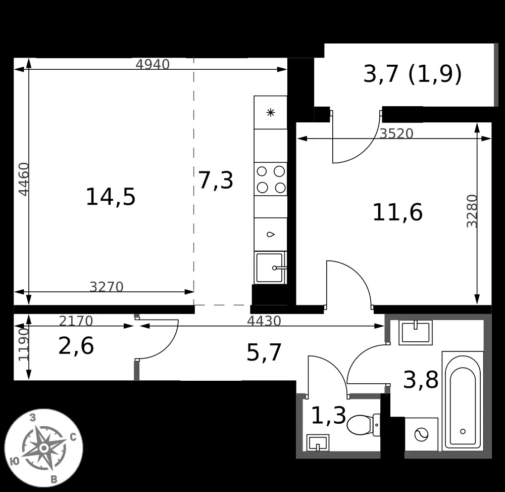2-комнатная, 48,7 м² — 13 706 372 ₽