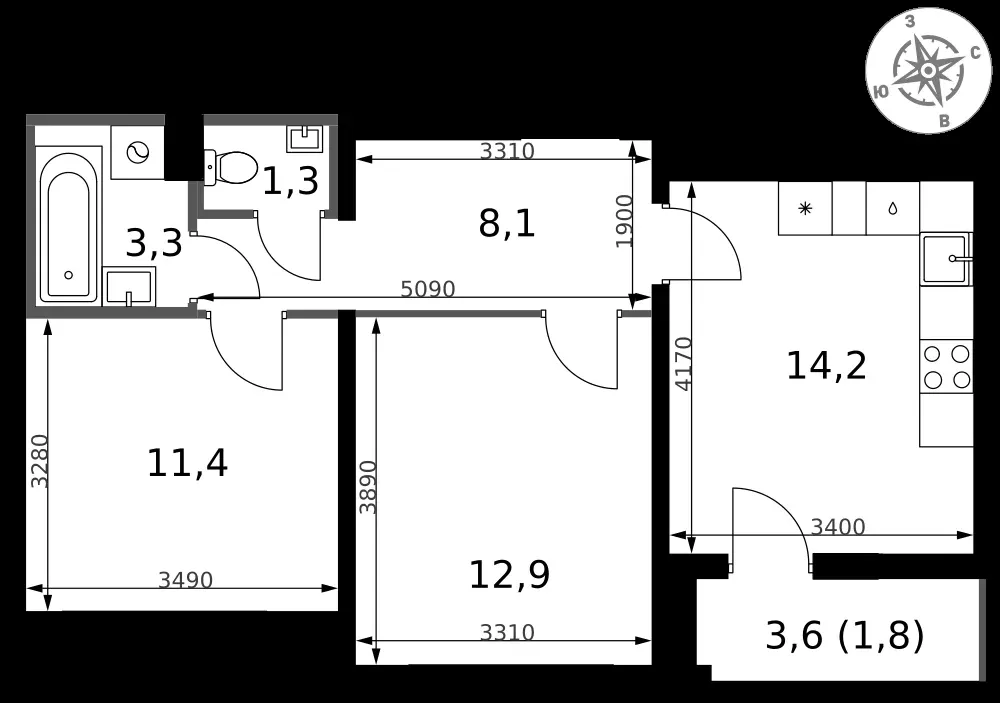 2-комнатная, 53 м² — 14 994 760 ₽