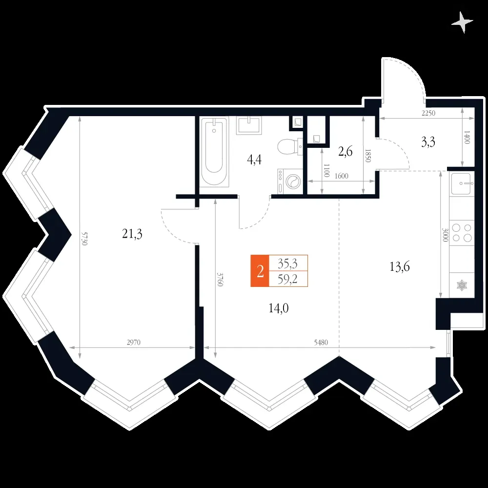 2-комнатная, 59,2 м² — 15 977 895 ₽