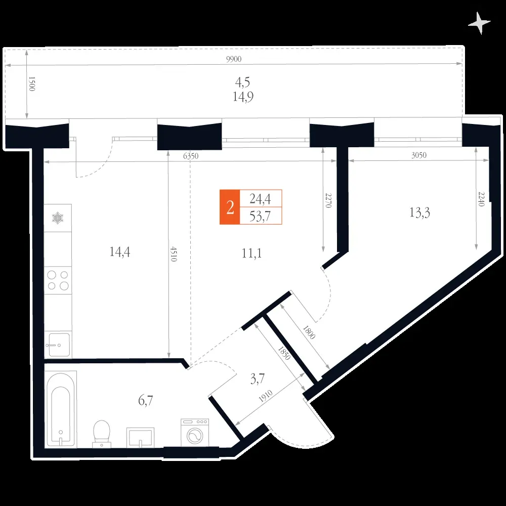 2-комнатная, 53,7 м² — 14 785 455 ₽