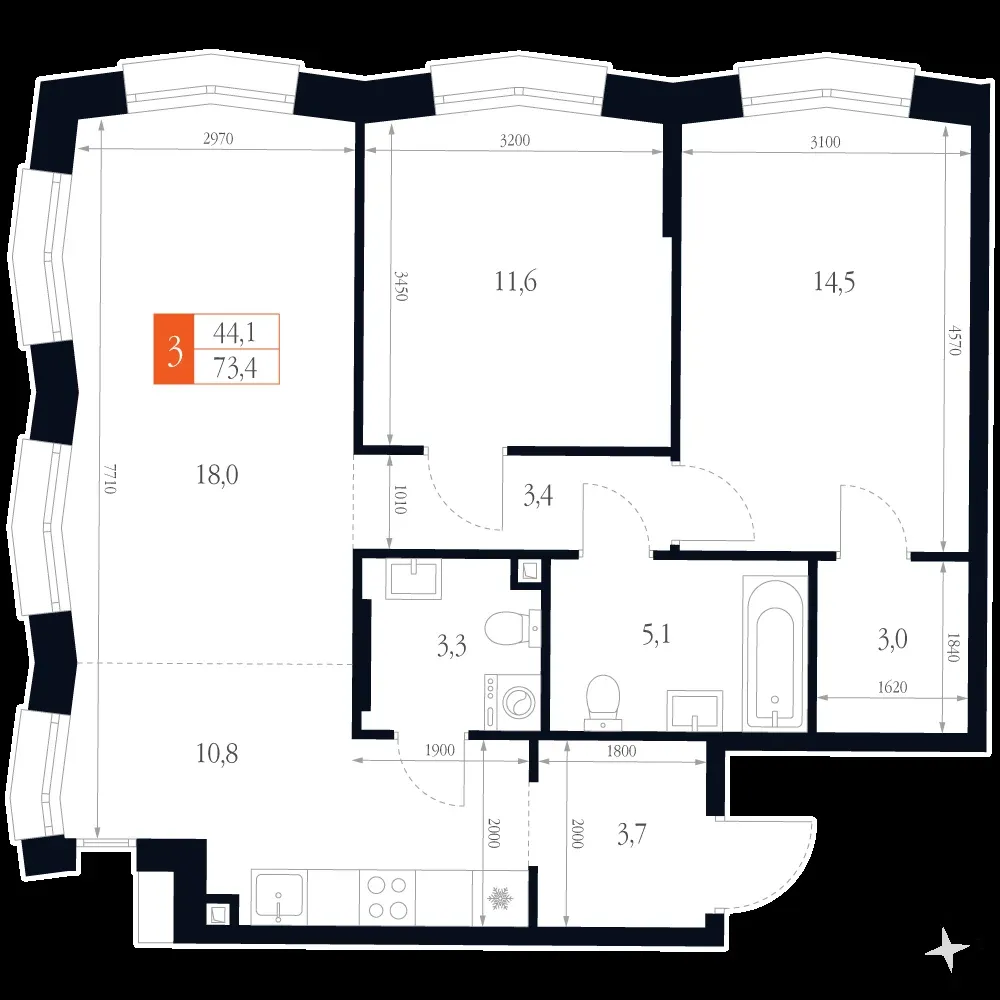 3-комнатная, 73,4 м² — 17 125 666 ₽