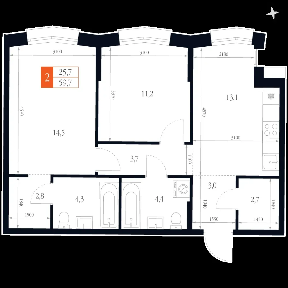 2-комнатная, 59,7 м² — 15 253 668 ₽