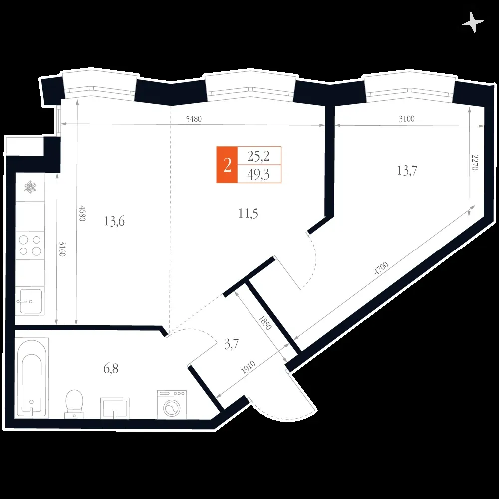 2-комнатная, 49,3 м² — 13 698 220 ₽