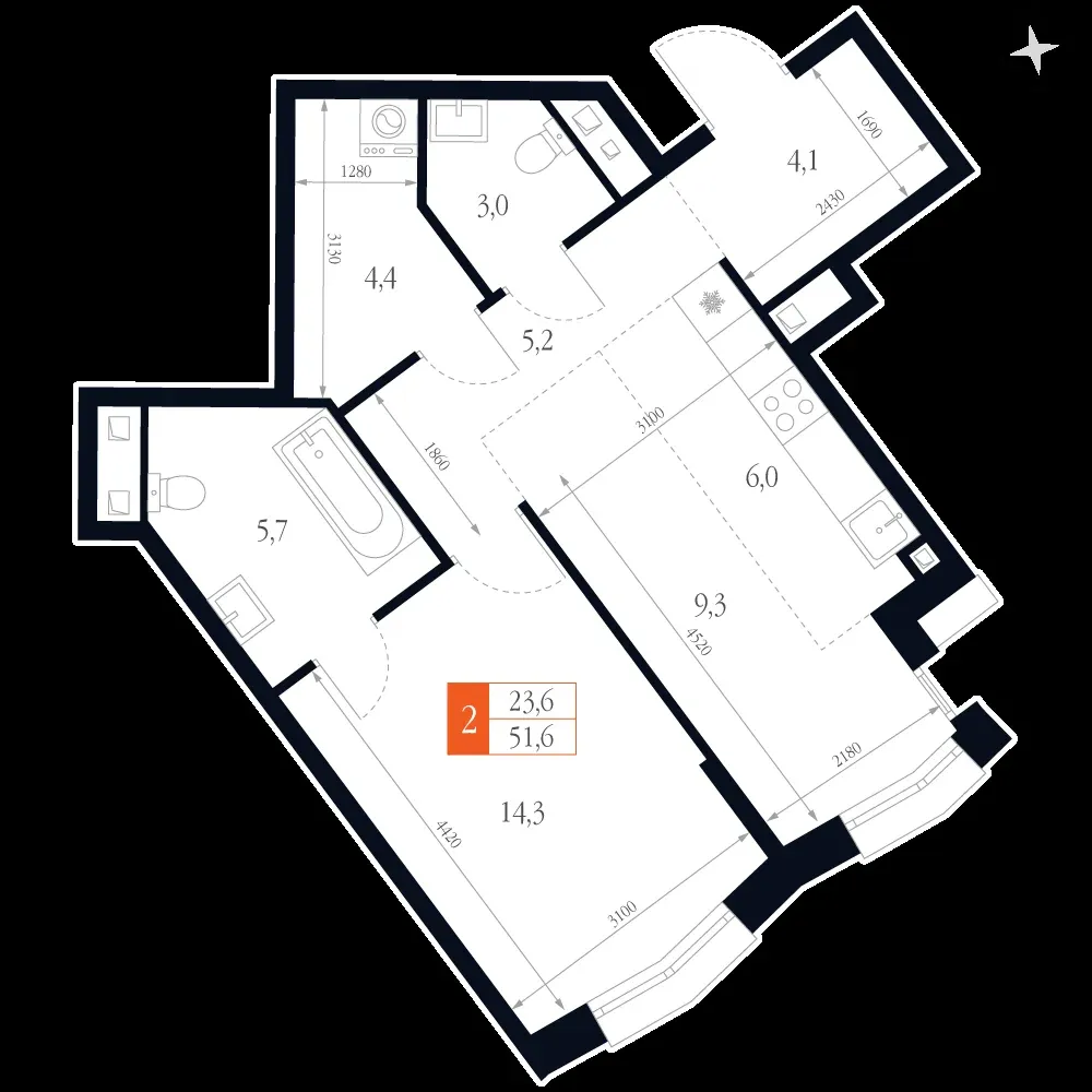 2-комнатная, 51,6 м² — 14 328 916 ₽