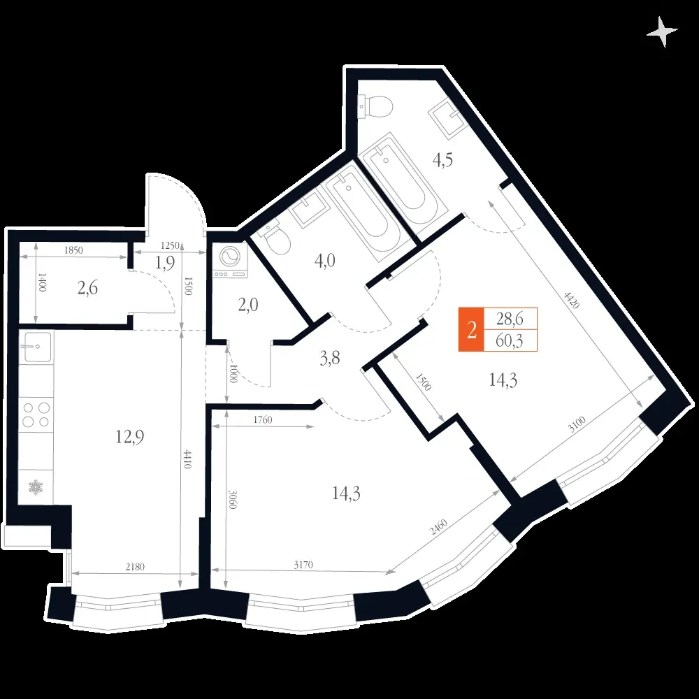 2-комнатная, 60,3 м² — 15 525 699 ₽