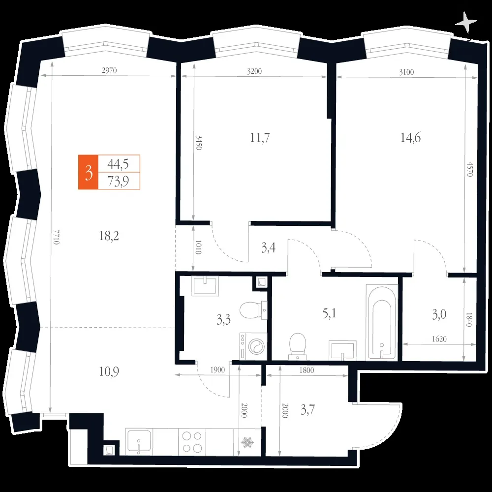 3-комнатная, 73,9 м² — 17 515 791 ₽