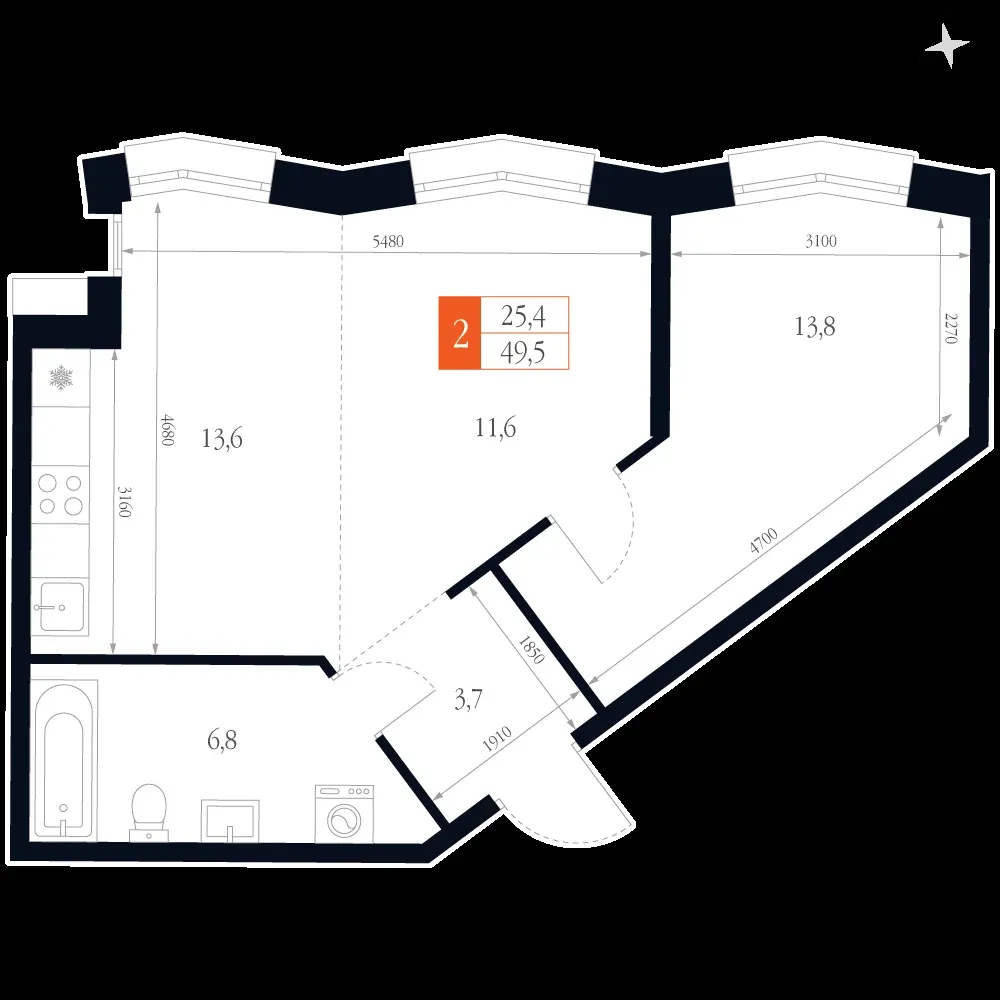 2-комнатная, 49,5 м² — 14 123 832 ₽