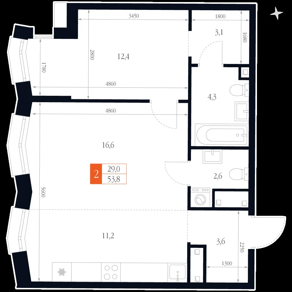 2-комнатная, 53,8 м² — 14 196 043 ₽