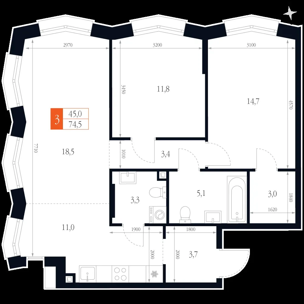3-комнатная, 74,5 м² — 17 873 345 ₽
