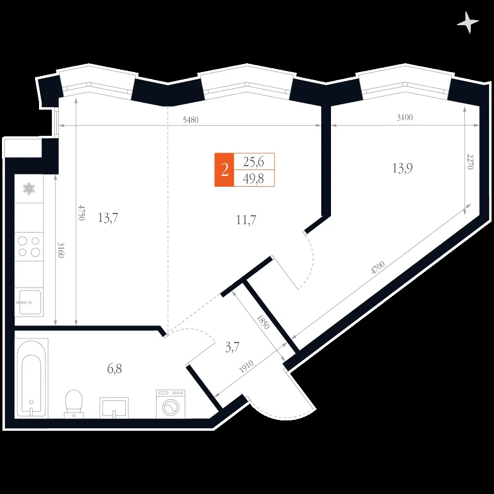 2-комнатная, 49,8 м² — 14 209 431 ₽