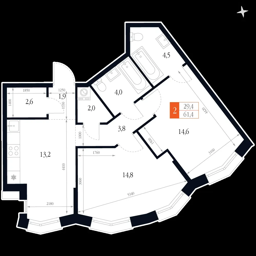 2-комнатная, 61,4 м² — 16 264 530 ₽