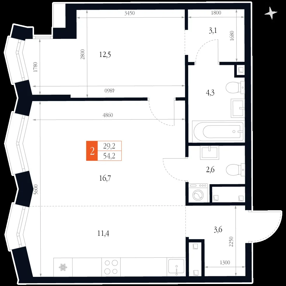 2-комнатная, 54,2 м² — 14 496 661 ₽
