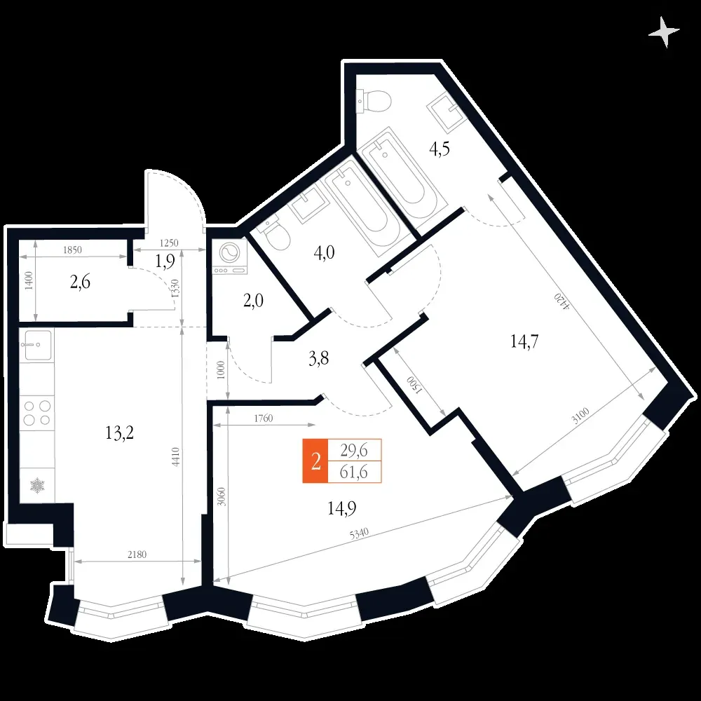 2-комнатная, 61,6 м² — 16 317 508 ₽