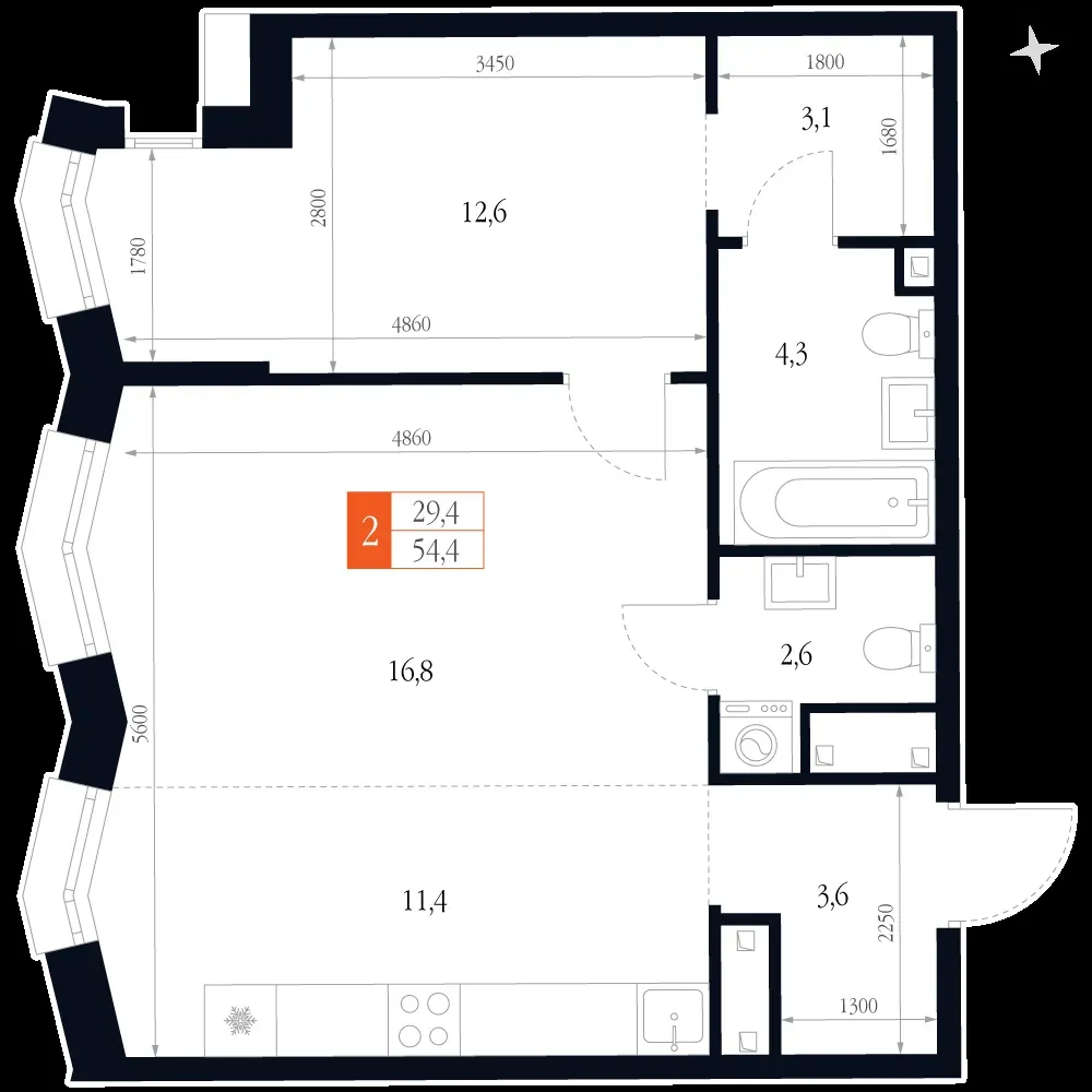 2-комнатная, 54,4 м² — 14 550 155 ₽
