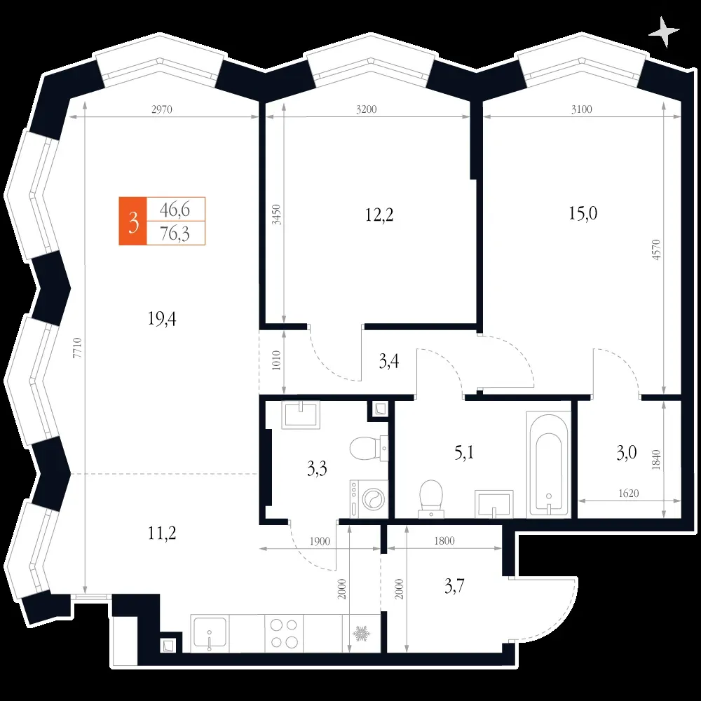 3-комнатная, 76,3 м² — 18 368 513 ₽