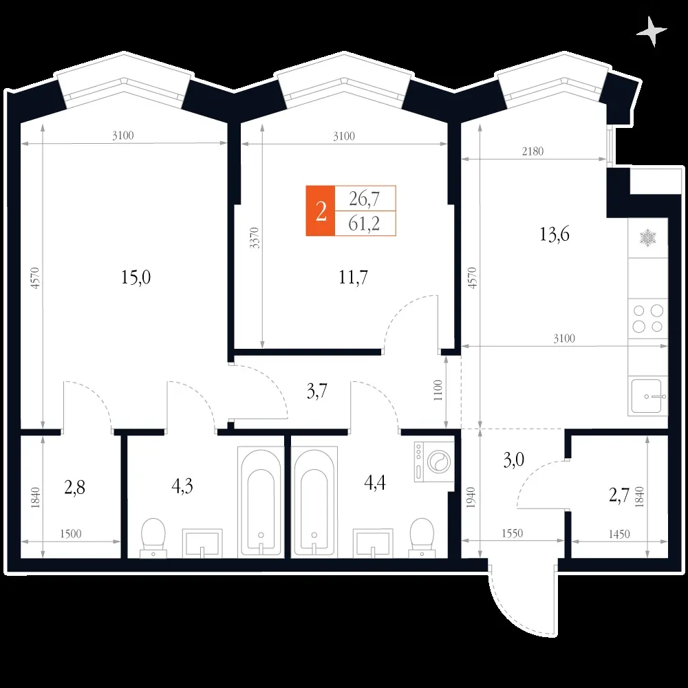 2-комнатная, 61,2 м² — 16 114 498 ₽