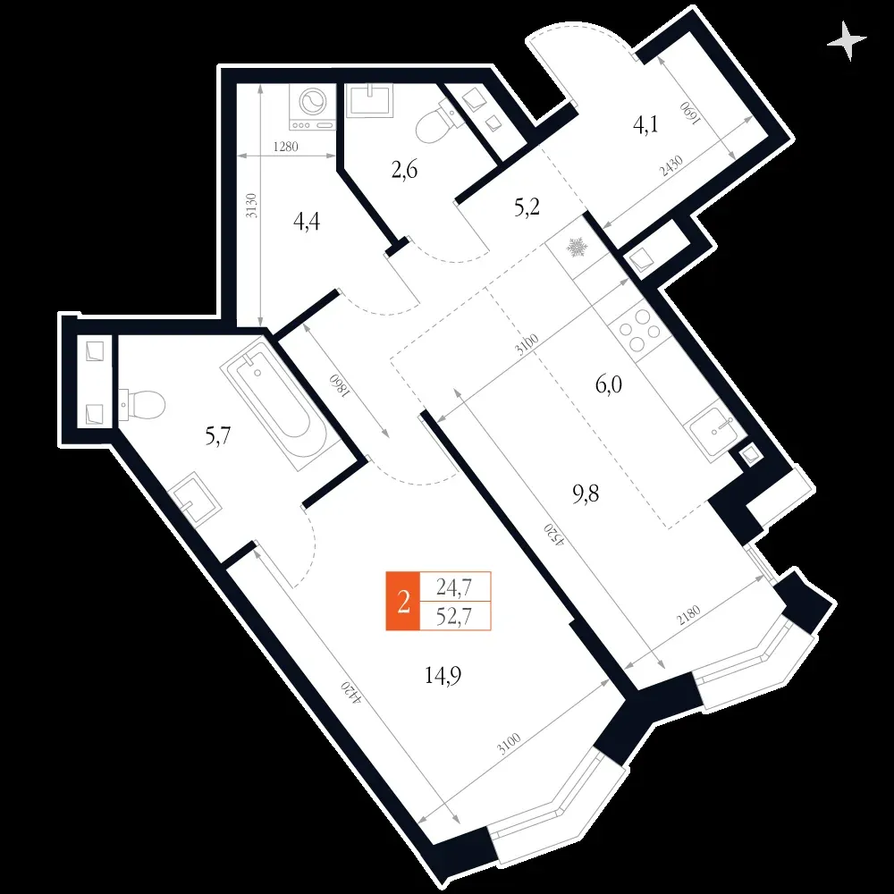 2-комнатная, 52,7 м² — 15 079 850 ₽
