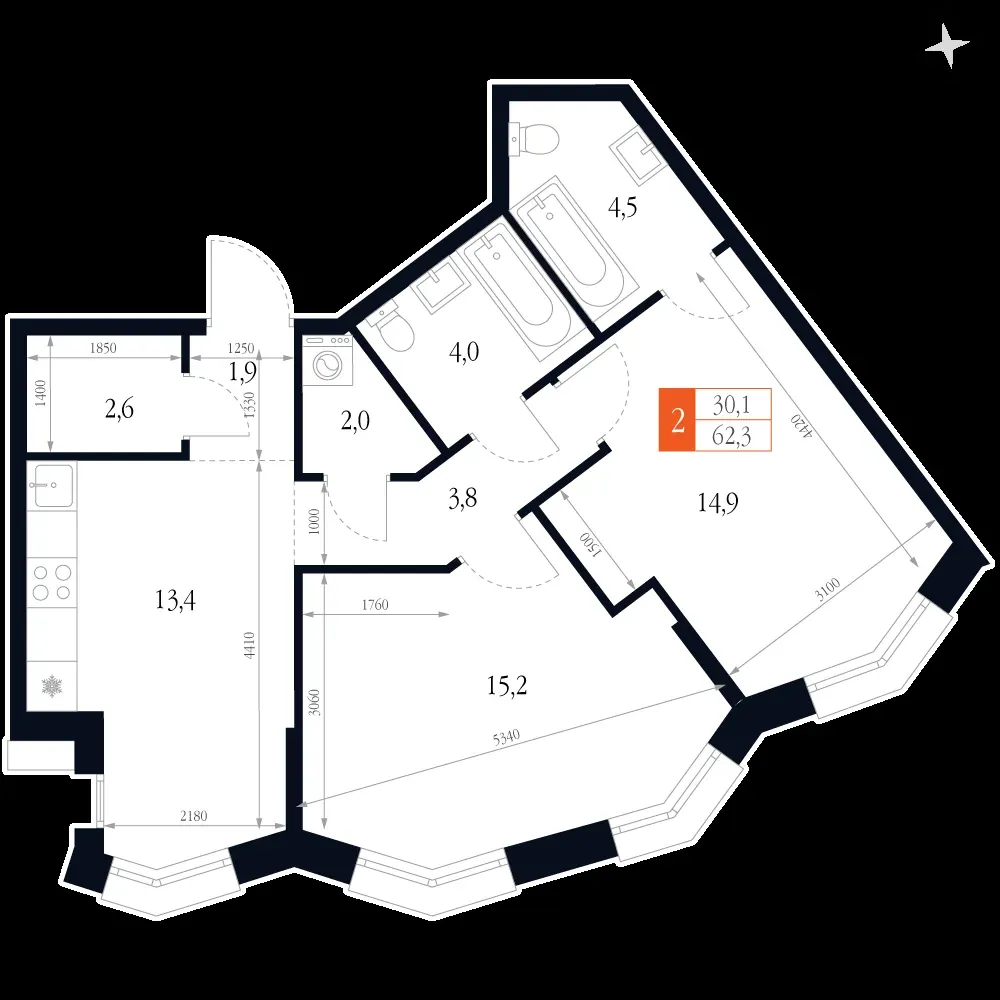 2-комнатная, 62,3 м² — 16 529 724 ₽