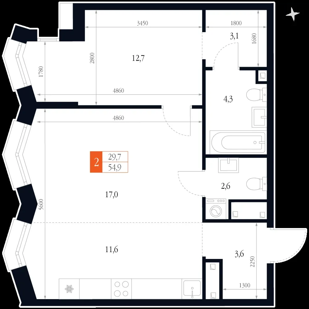 2-комнатная, 54,9 м² — 14 706 946 ₽